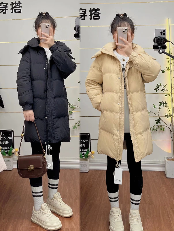 2024新款【晓晓定制】长款羽绒服女士百搭白鸭绒外套宽松连帽保暖