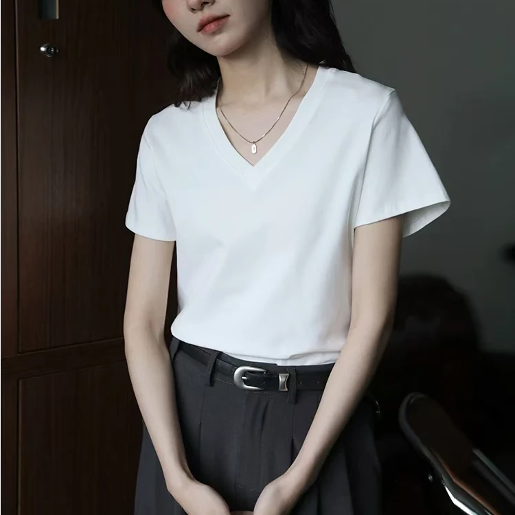卡蔓优品］莱赛尔≈简约百搭纯色显瘦小众短袖V领T恤女夏季休闲透气