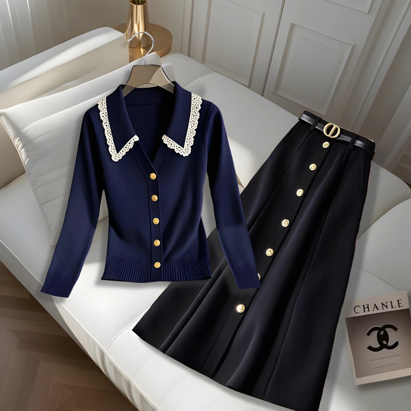 早秋穿搭衣服一套纯欲蓝色蕾丝花边针织衫长袖上衣黑色a字半身裙