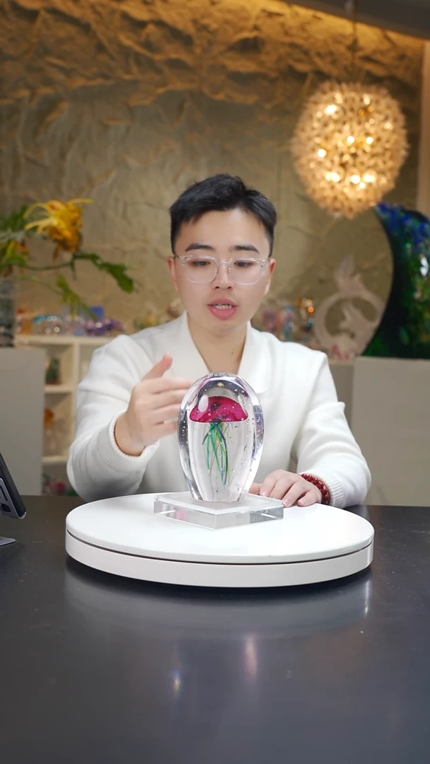 手工艺品琉璃金红色气泡工艺水母摆件+底座