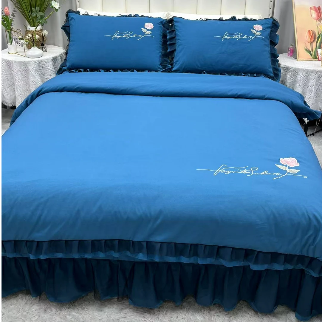 韩版高档花边款亲肤柔软水洗绵柔四件套简约纯色磨毛公主风床品