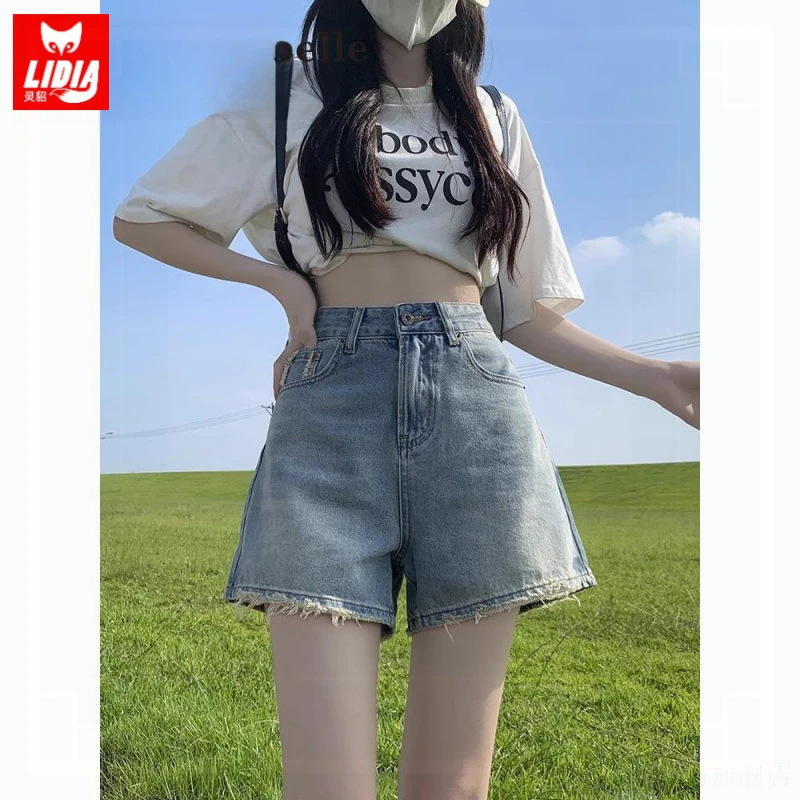浅色毛边牛仔短裤女夏天外穿新款显瘦高腰阔腿设计爆款A字裤磨破