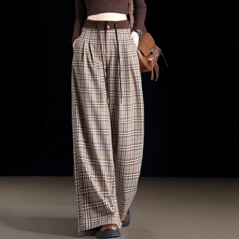 卡其格子休闲裤女老钱风松弛感女装贵气春秋季高腰抽绳直筒阔腿裤