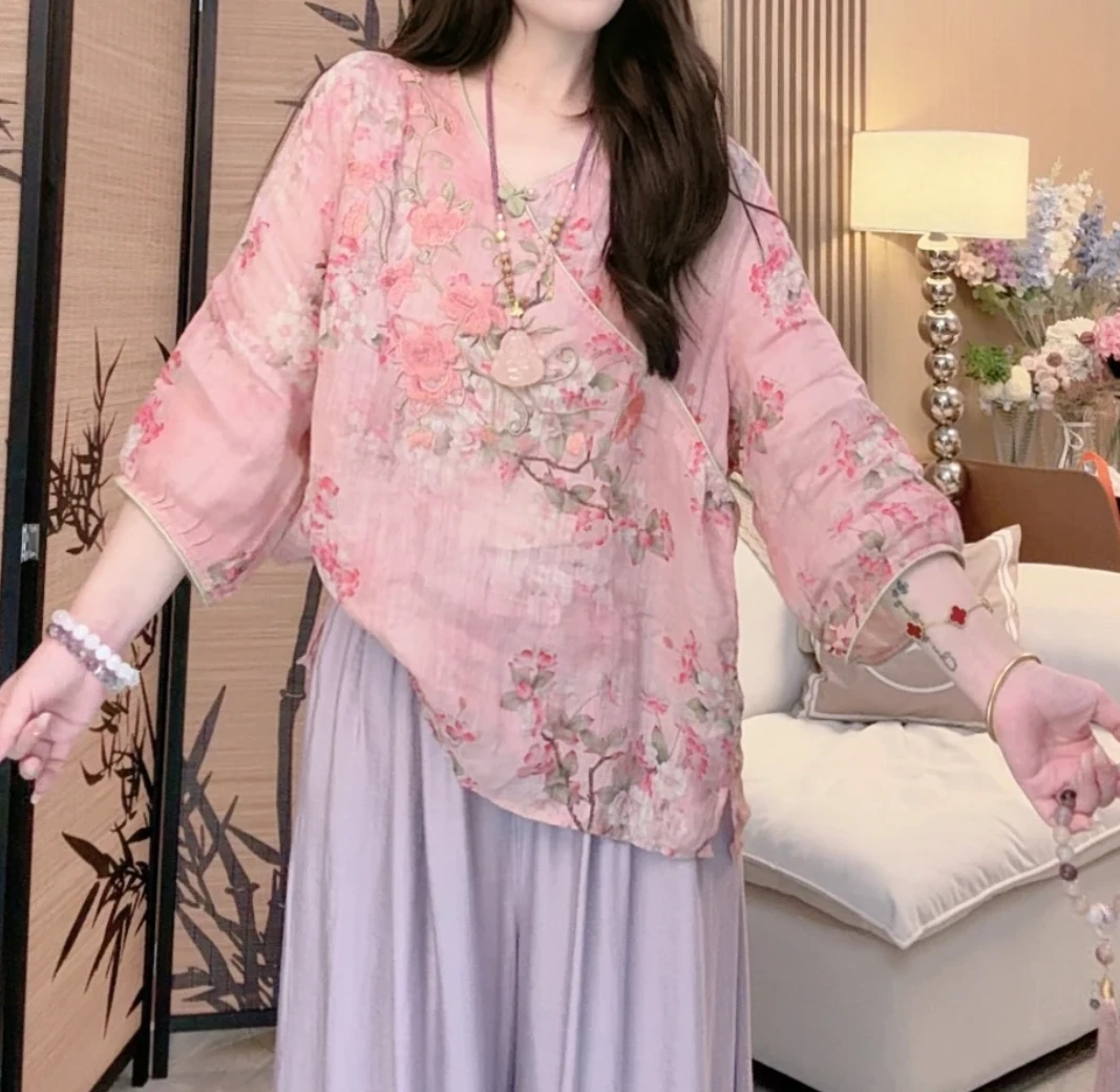 文艺复古圆领麻感刺绣衬衫女2025夏季新款宽松优雅七分袖