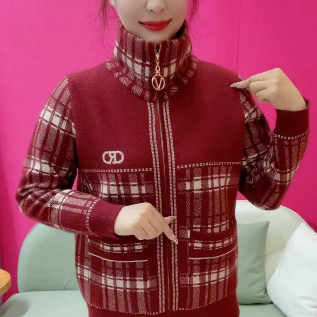 春秋款女装外套百搭气质中老年妈妈装2025新款时尚格子长袖保暖衣