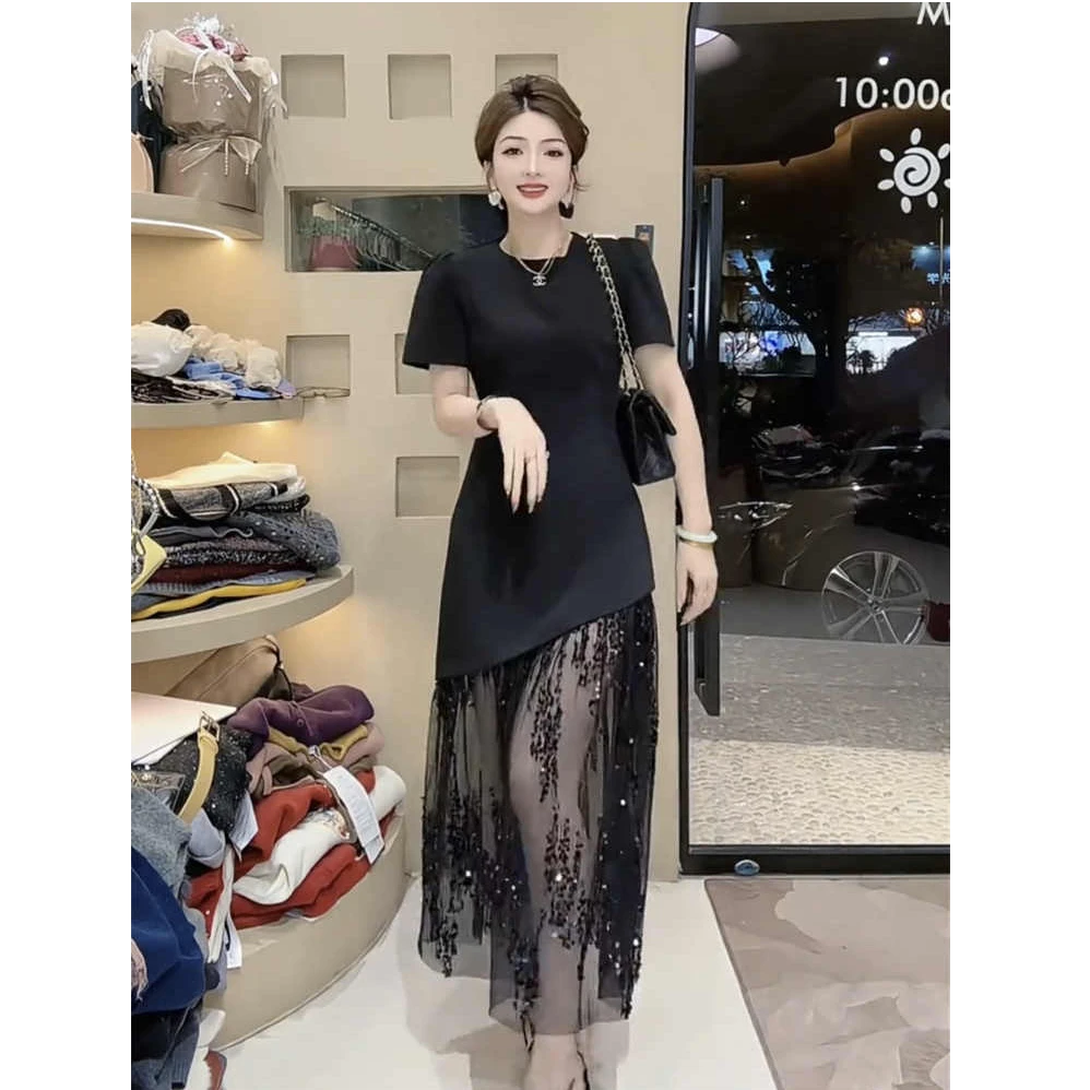 网纱拼接亮片赫本风连衣裙女小个子独特裙子春夏新款气质高级长裙