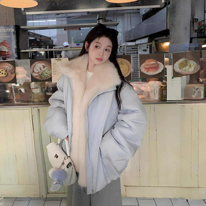 可拆卸环保毛宽松显瘦棉服2025新款加绒加厚短款韩版棉衣外套女