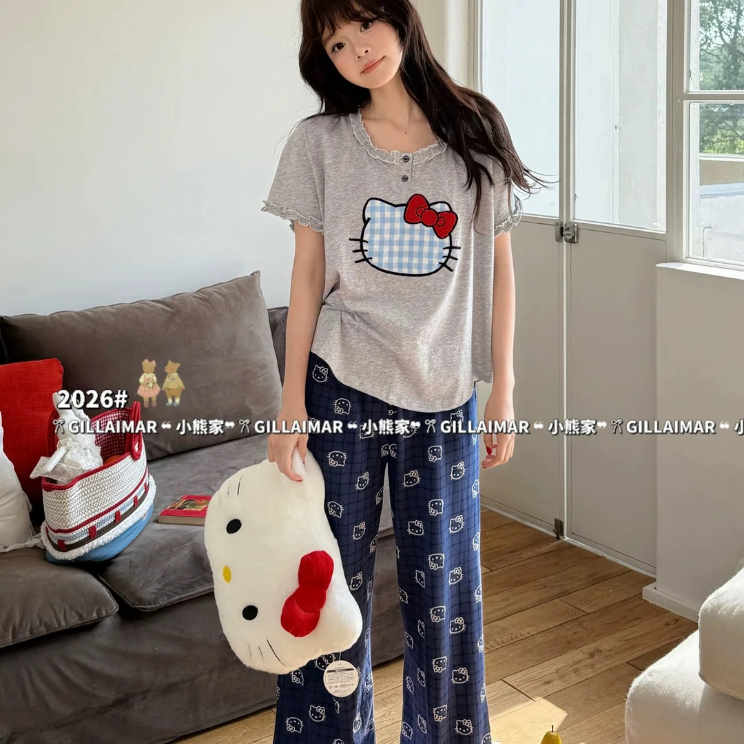 小熊家新款HelloKitty睡衣女款春秋夏灰色圆领短袖长裤家居服套装