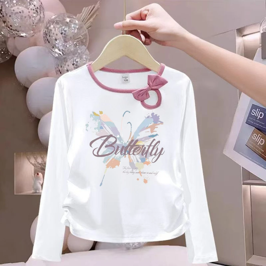 【秋上新】纯棉童装新款蝴蝶结镂空女童T恤百搭秋季中小童开学上衣