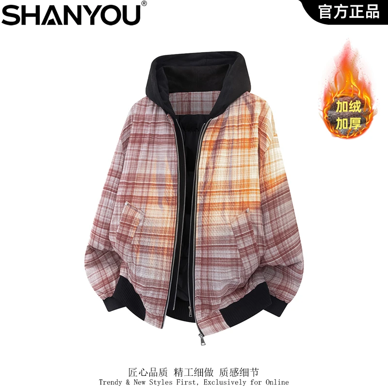 美式撞色格子拼接连帽羽绒服男冬季宽松百搭时尚休闲加绒加厚外套