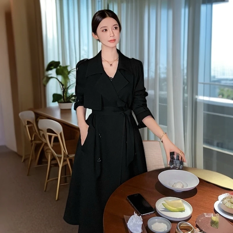 高端黑色阔版风衣女中长款2025春秋季新款宽松双排扣气质大衣外套