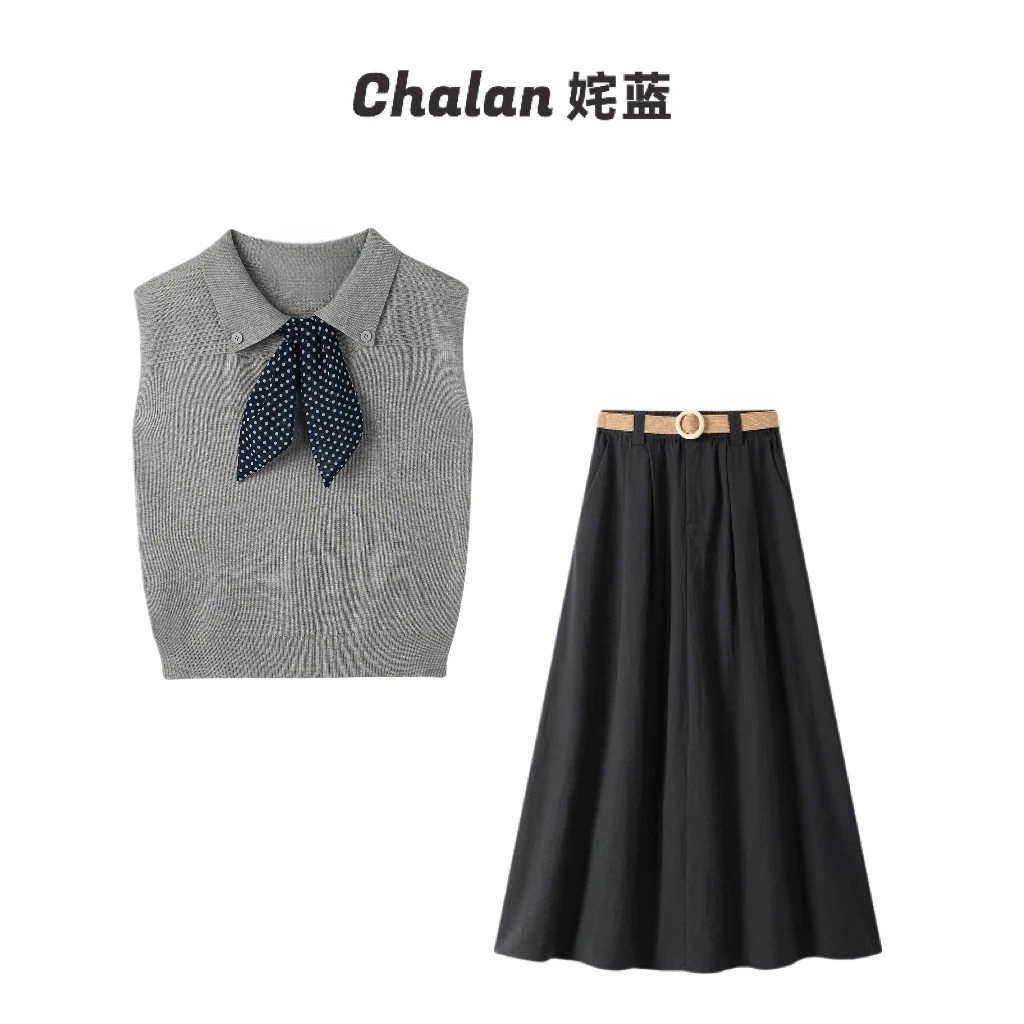 CHALAN姹蓝  夏日韩系设计感显瘦百搭针织丝巾上衣套装