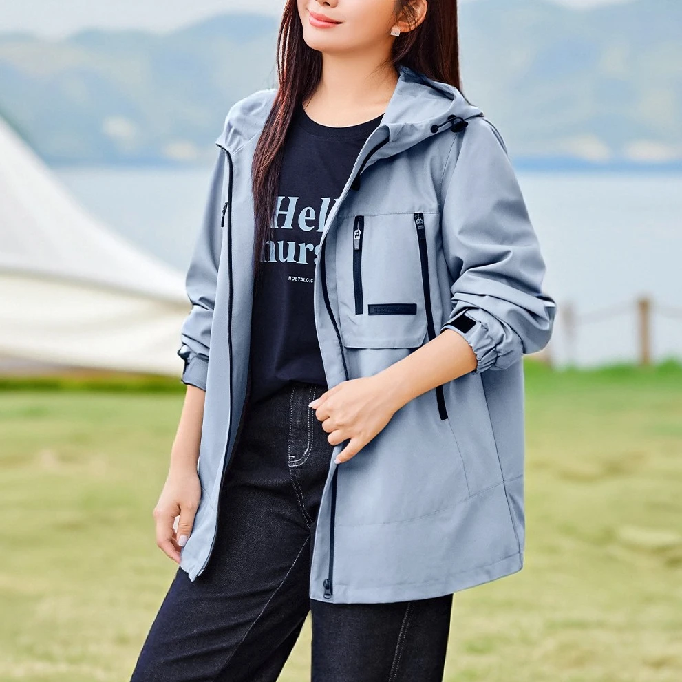 现货户外防风工装冲锋衣】MsShe大码女装秋冬宽松连帽外套C2509043