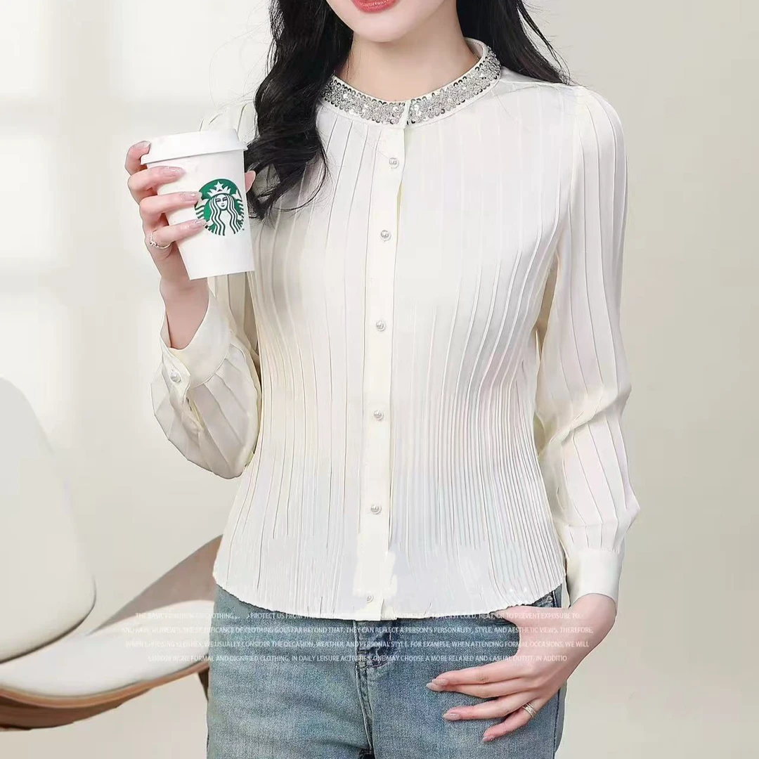 燕妮雅姿钉珠褶皱常规圆领衬衫上衣条纹长袖女装显瘦衬衣S198