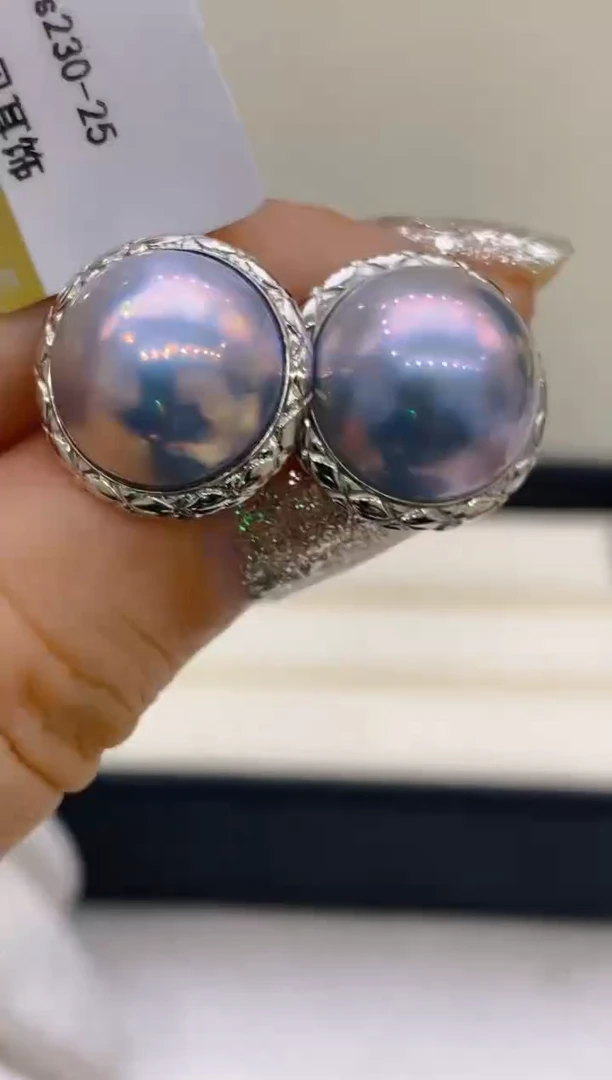 铂Pt950镶嵌拼合珍珠（马贝珠）耳饰146 13-14mm