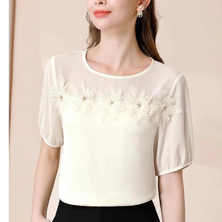 【钰姐精选】艾嫚2912-法式气质圆领立体花朵钉珠短袖雪纺衫上衣