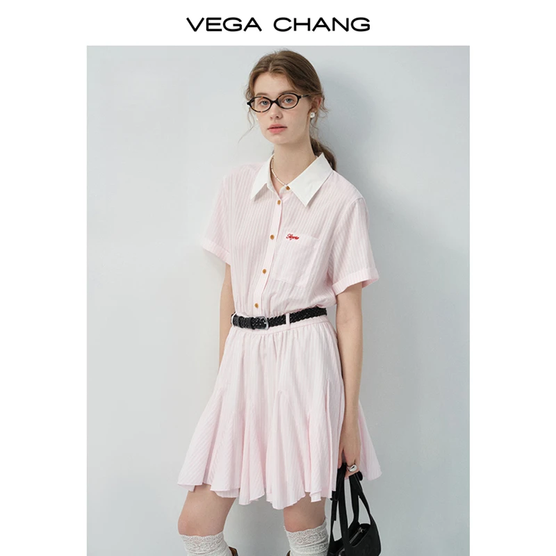 VEGA CHANG短袖连衣裙女2025新款夏学院风翻领条纹高腰显瘦衬衫裙