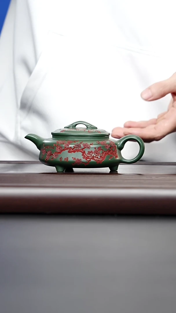 茶壶紫砂宜兴紫砂 双线竹鼓 民国绿泥 梅付春