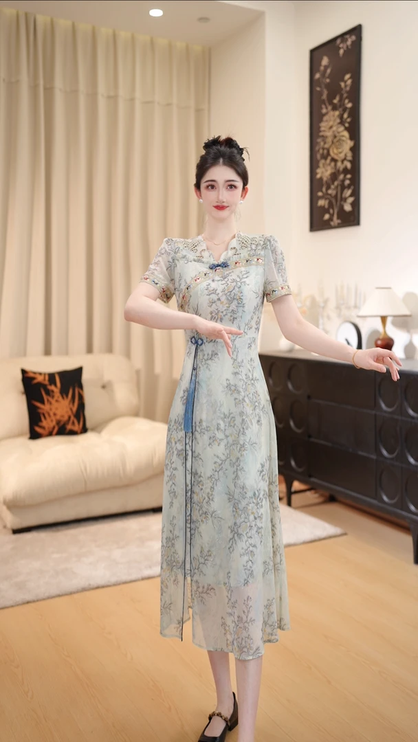 2025改良旗袍夏季短袖显瘦轻奢时尚气质大码连衣裙DLS0708
