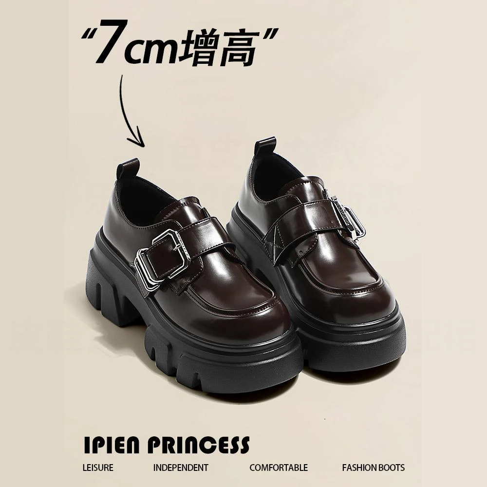 网红松糕厚底增高乐福鞋女2025年冬季新款休闲百搭舒适圆头小皮鞋