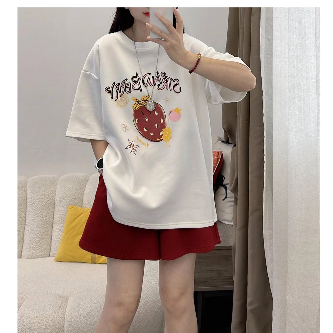 2025新款夏季趣味卡通大版宽松纯上衣中长款短裤套装DYY2820