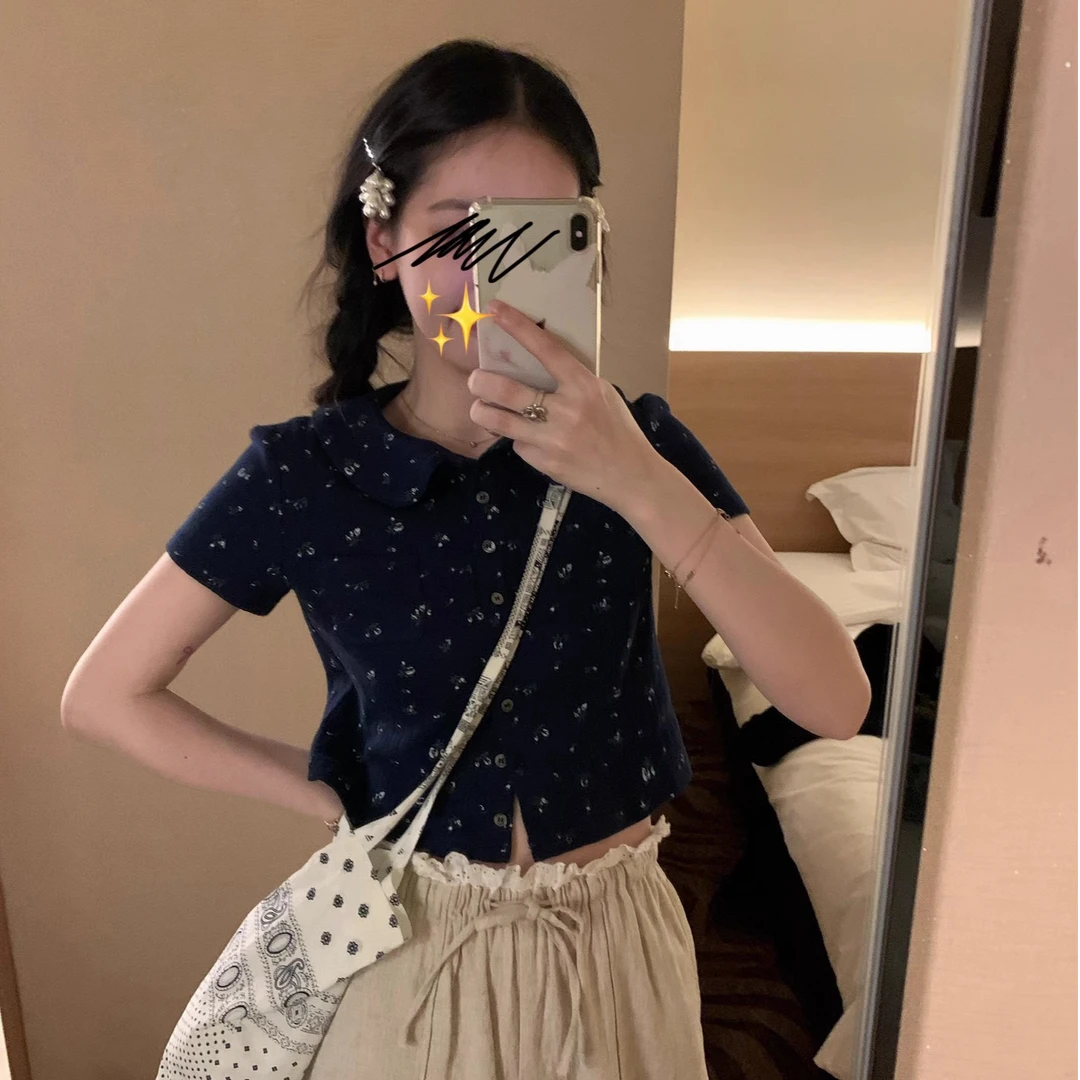 高端货~娃娃翻领衬衫女 藏青小碎花全棉正肩短款T恤显瘦小上衣
