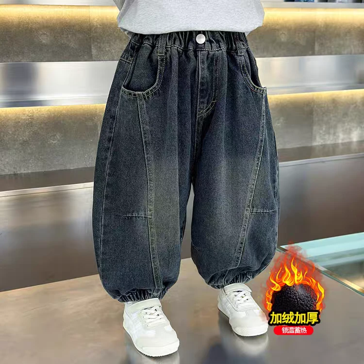 男童加厚牛仔裤2025新款冬季一条过冬保暖百搭儿童束脚一体绒长裤
