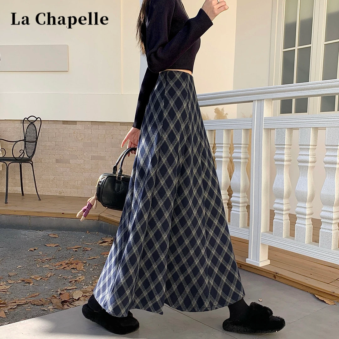 拉夏贝尔藏青色格纹半身裙女冬季高腰显瘦遮胯百搭a字大摆中长裙
