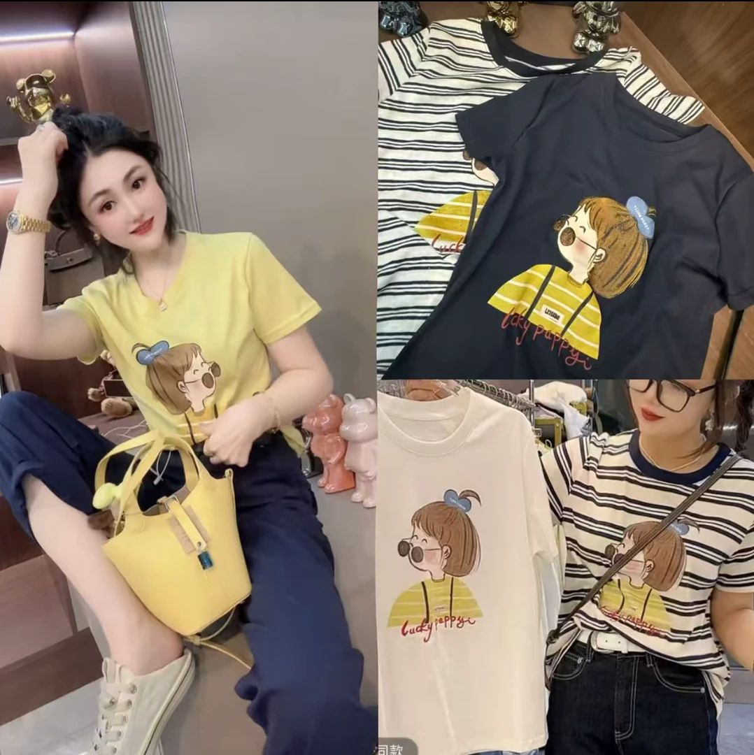 韩版时尚休闲百搭小女孩卡通印花圆领短袖T恤女宽松上衣2025夏