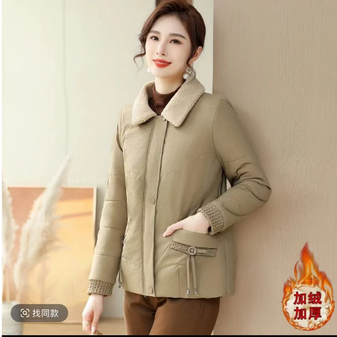 625-纯色加绒妈妈冬装毛领中老年女装薄款时尚韩版短款棉袄