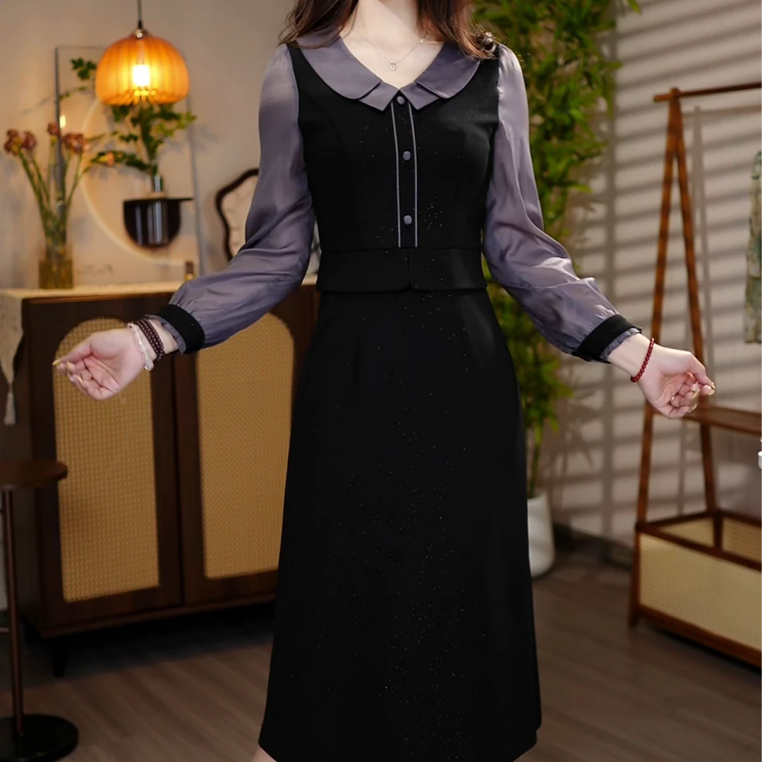 灰色娃娃领法式秋装夏季黑色连衣裙秋冬POLO领女装显瘦春季