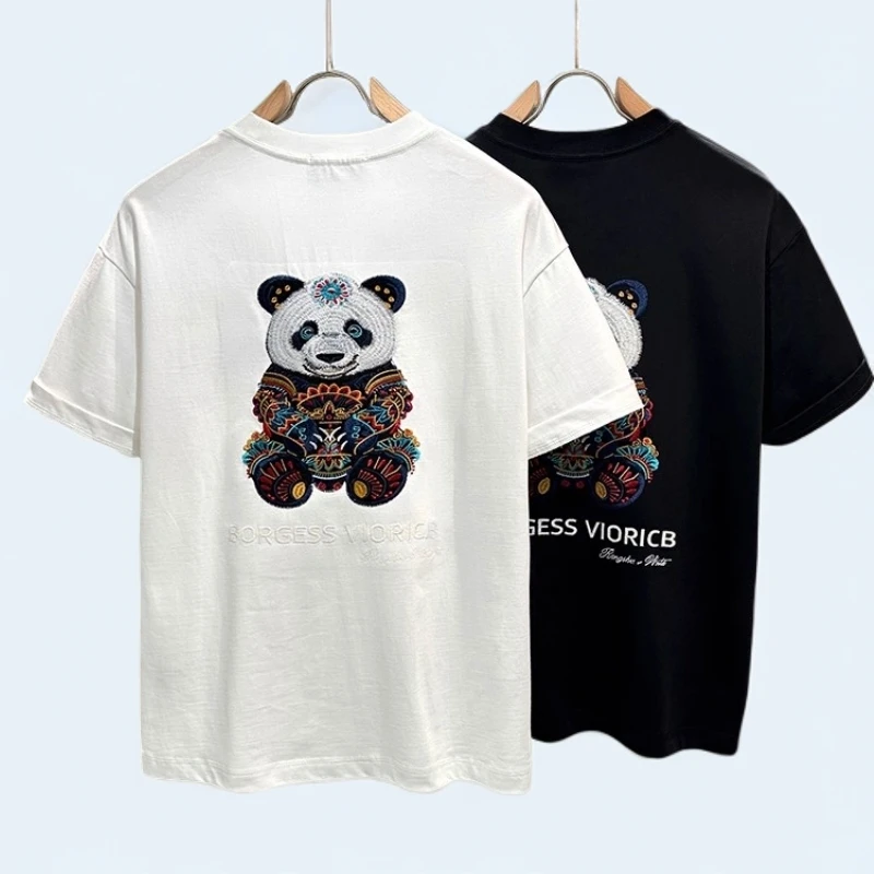 追属高端短袖熊猫刺绣t恤夏季男新款轻奢潮牌宽松半袖男款休闲衫