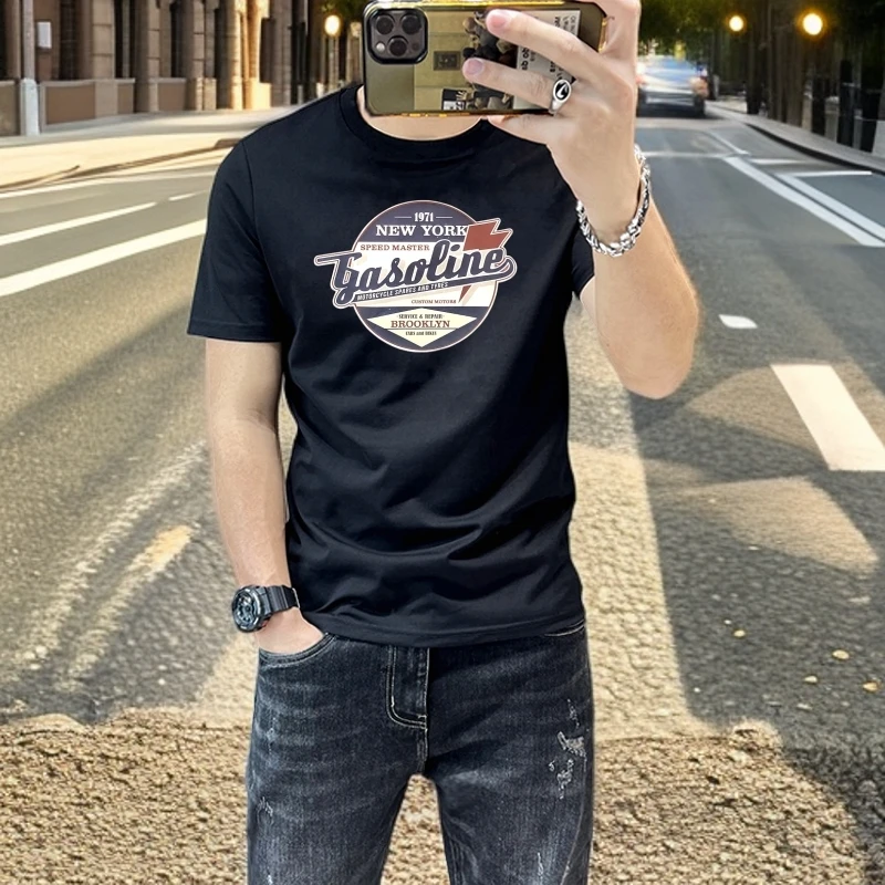 新款夏季丝光棉韩版修身T恤青年潮流个性印花短袖T恤高档短袖男潮