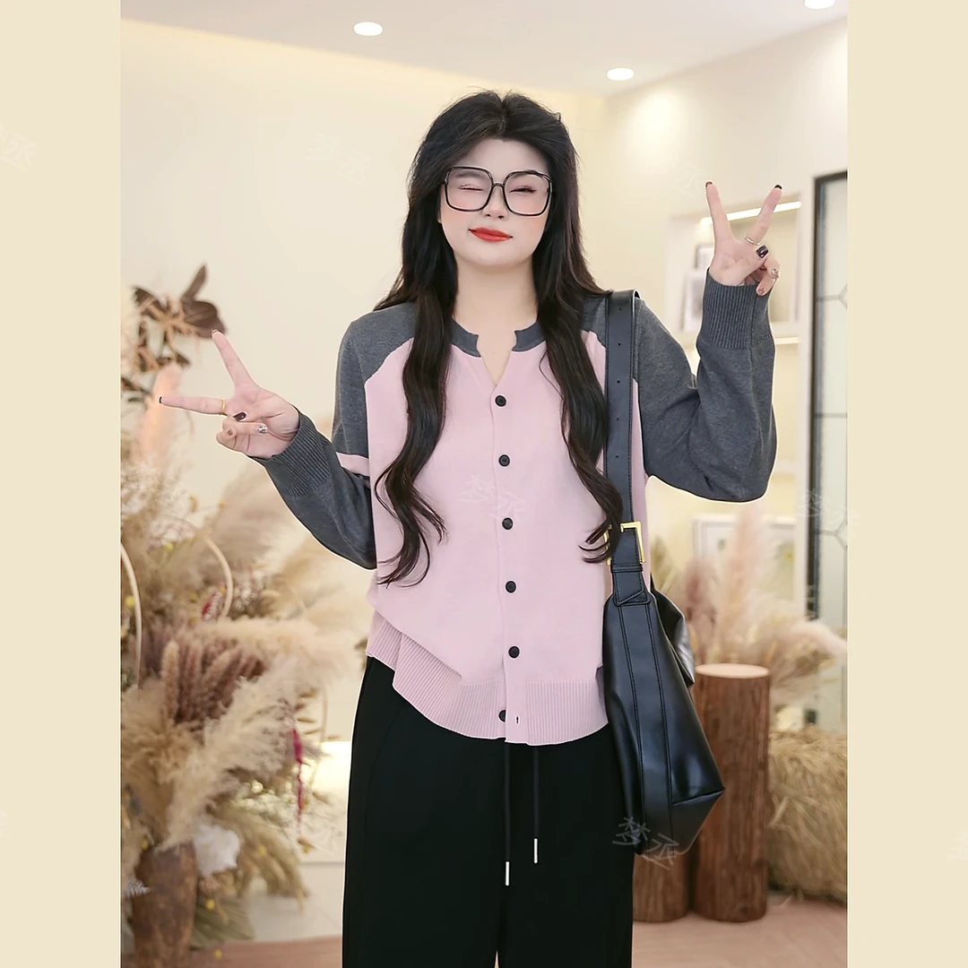 梦丞-大码女装V领条纹小狗刺绣冬季减龄宽松显瘦长袖针织衫上衣