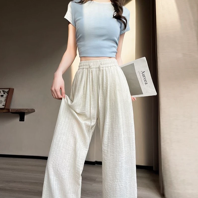 高腰杏色冰丝阔腿裤女夏季薄款超火慵懒风垂感显瘦休闲直筒山本裤