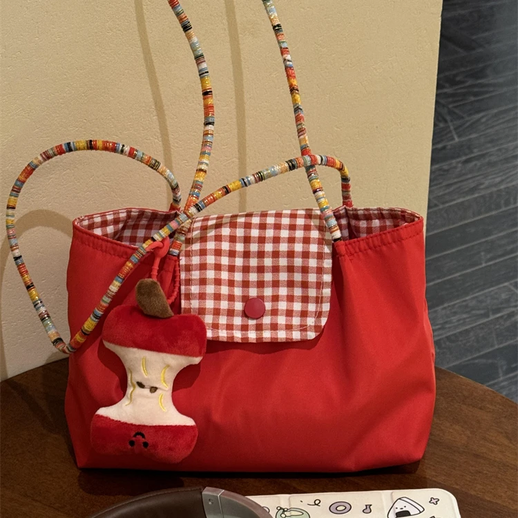 复古撞色红色帆布包包女慵懒风上课通勤单肩托特包简约便捷手提包