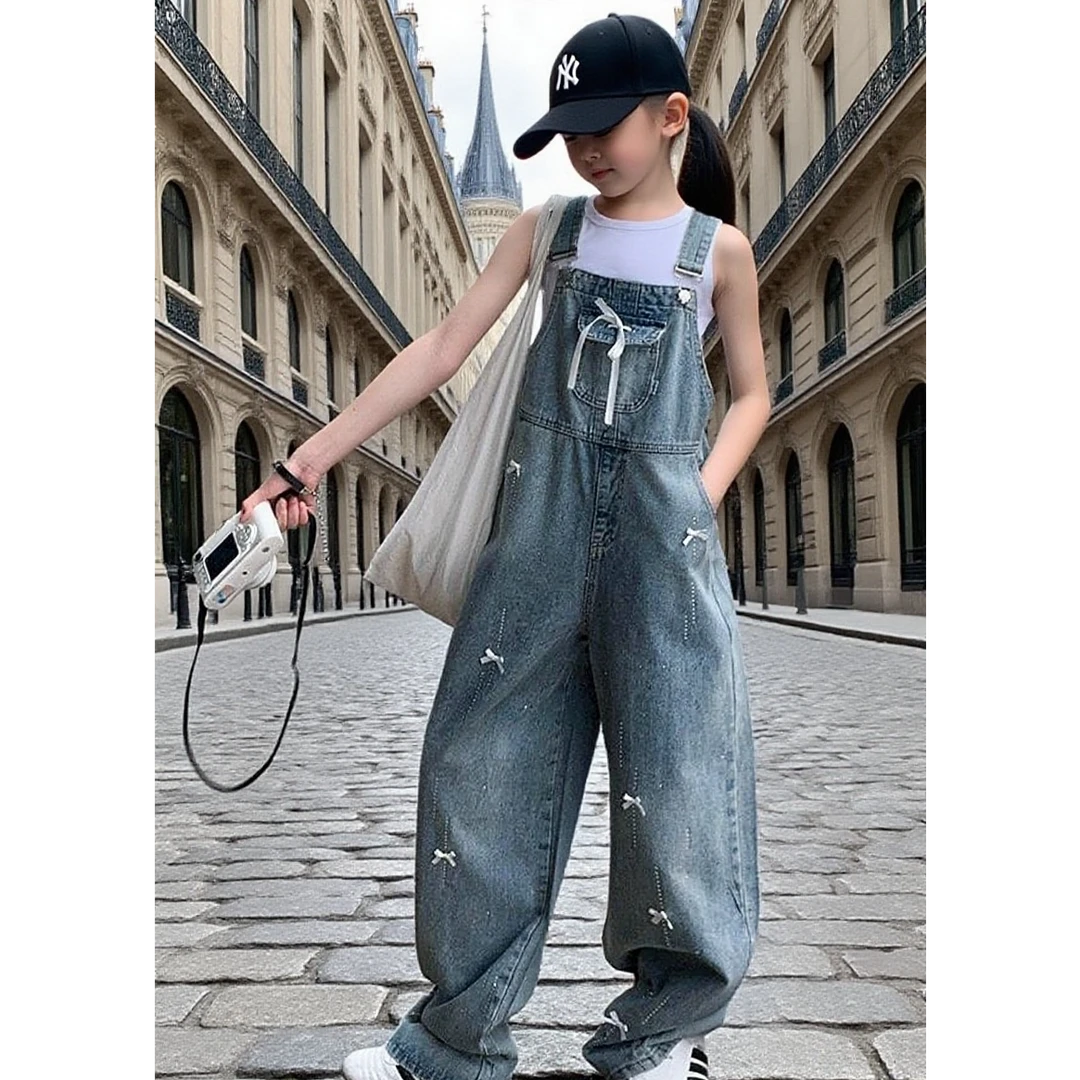 女童牛仔背带裤套装2025秋季新款洋气宽松炸街中大童外穿裤子