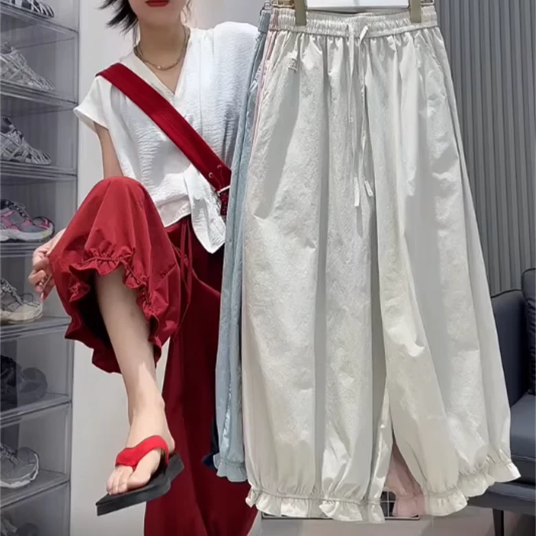 2025夏季新款时尚阔腿松紧花边休闲裤宽松九分显瘦百搭灯笼裤