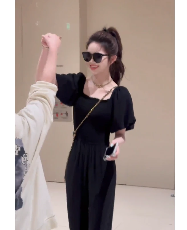 2025夏季阔腿裤百搭连体裤连体衣阔腿一字肩法式连体裤SHY40701