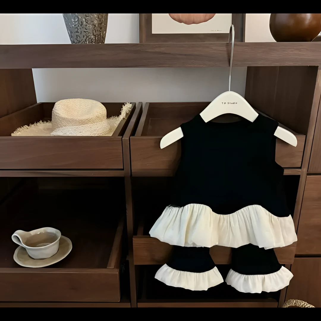 【黑妞妞】黑天鹅女童无袖套装2025夏季宝宝荷叶边韩版套装LFS89037