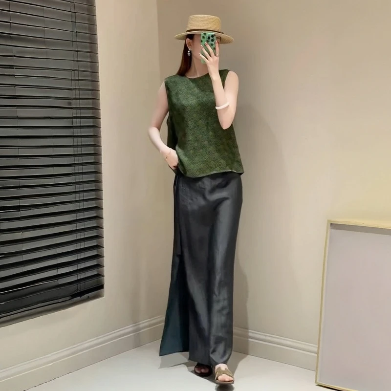 民国风背心吊带圆领网红时尚提花宽松宽松型休闲套装复古设计背心