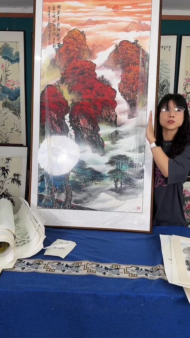 国画旭日东升实木装裱80*160