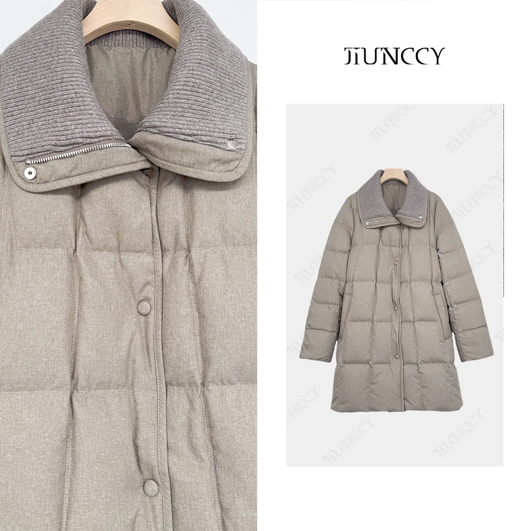 JIUNCCY【苏格兰】长条格衍线拼羊毛毛领一手长90白鹅绒服 42YRF085