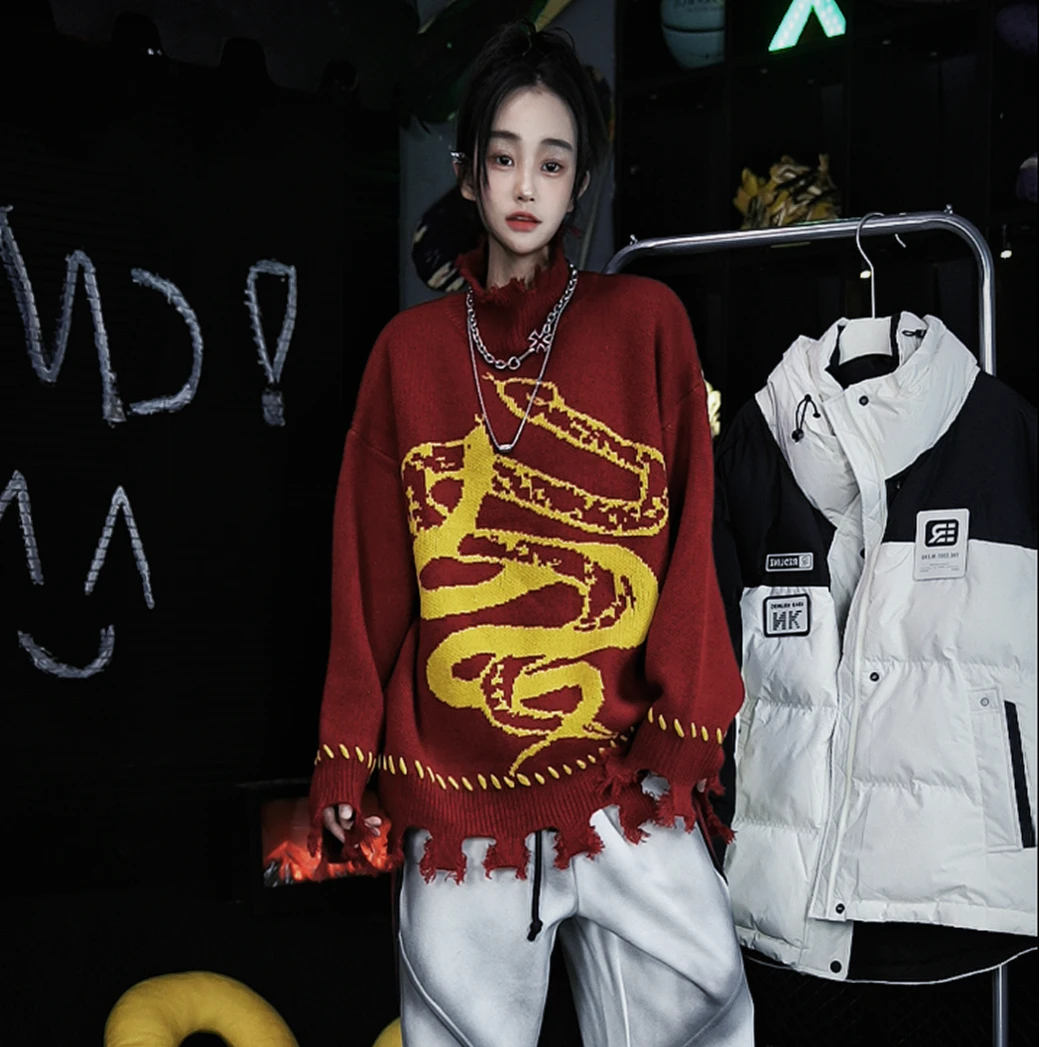 NU小众设计感【飞蛇】高领创意趣味美式高街慵懒宽松百搭 男女毛衣