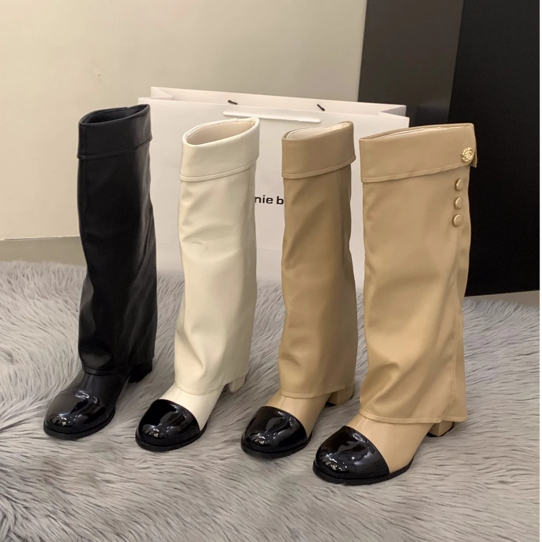 高跟拼接法式小香风长筒长靴女鞋2025秋冬季白色裤管堆堆骑士靴子