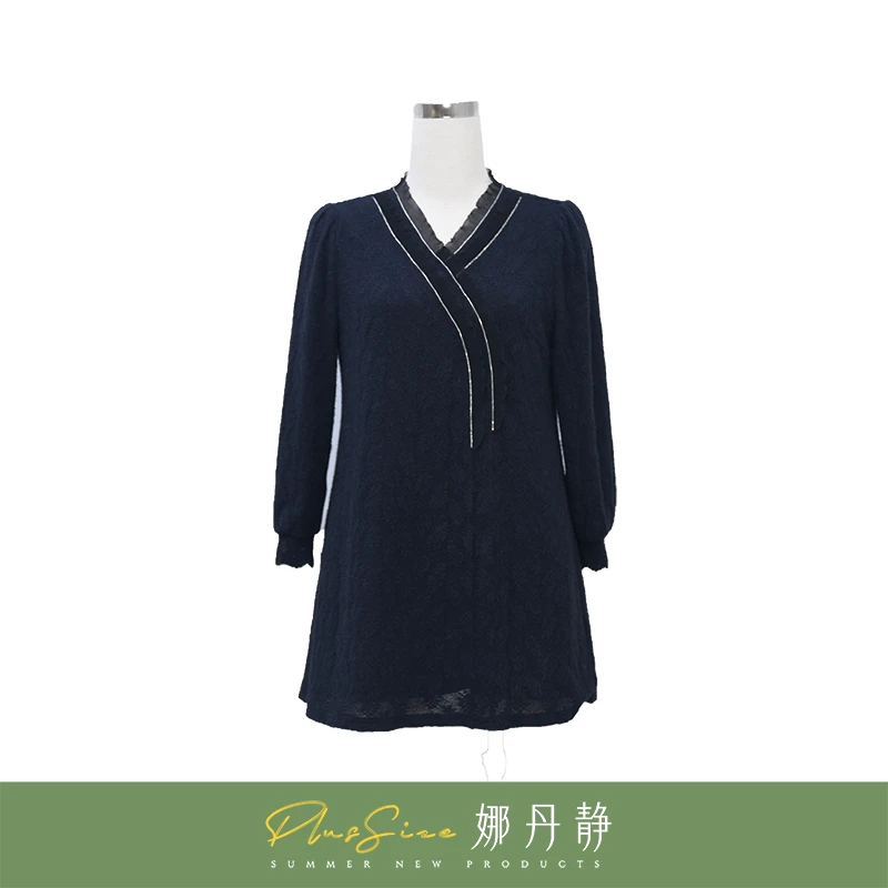 娜丹静原创大码气质时尚法式V型偏襟高端蕾丝上衣LT95365