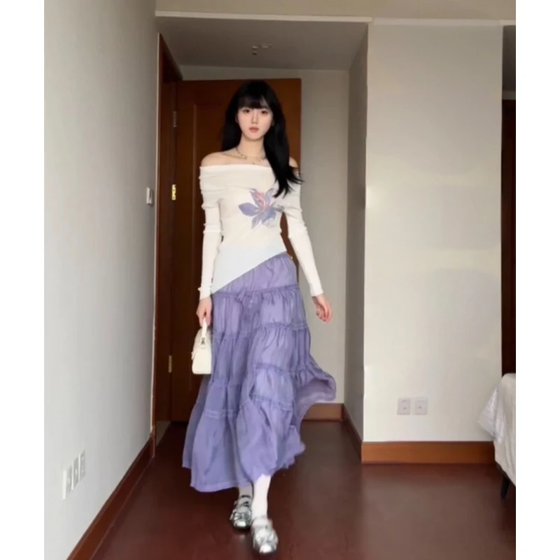 韩系甜美套装女2025夏季温柔风长袖一字肩上衣高腰显瘦紫色半身裙