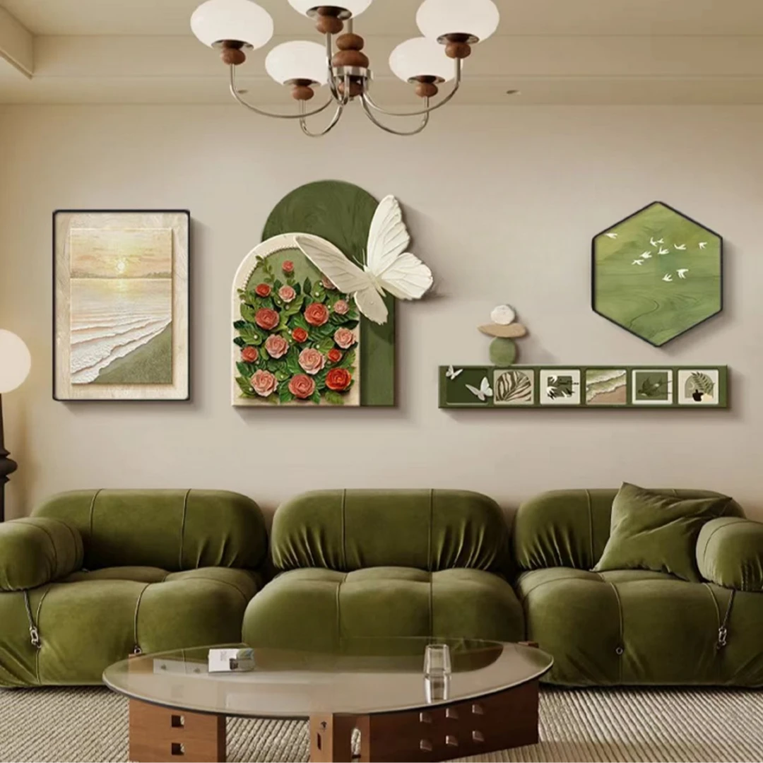 s051奶油中古风客厅装饰画玫瑰蝴蝶沙发背景墙新款高级组合挂画