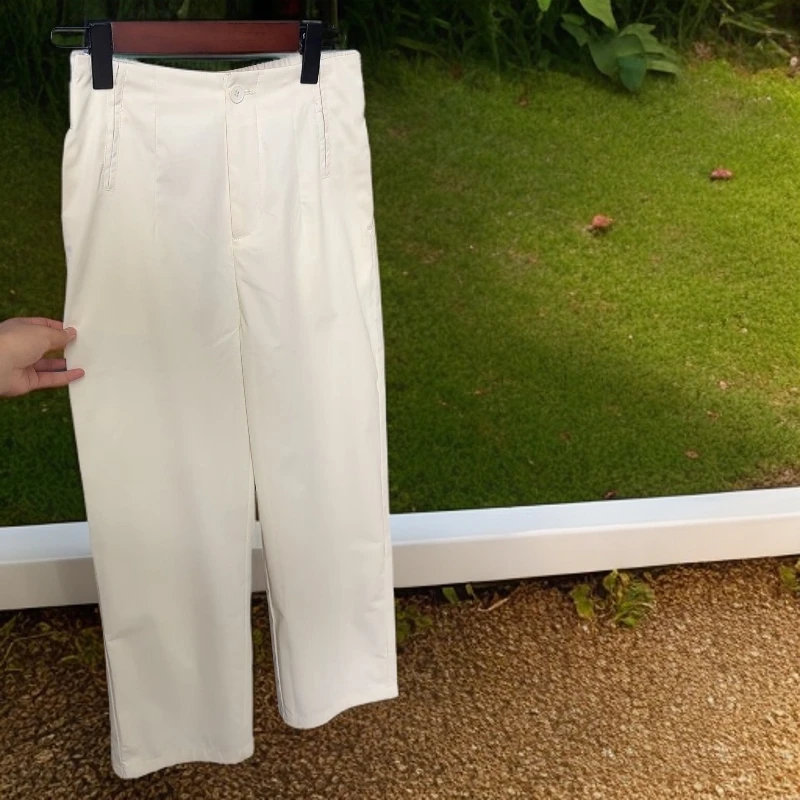 直筒休闲裤女夏季新款一粒扣高腰宽松显瘦百搭休闲九分裤白色女裤