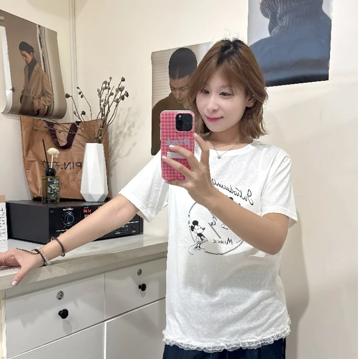 UYIUPIN夏季新款中长款印花蕾丝圆领女T桖短袖休闲潮流时尚韩版